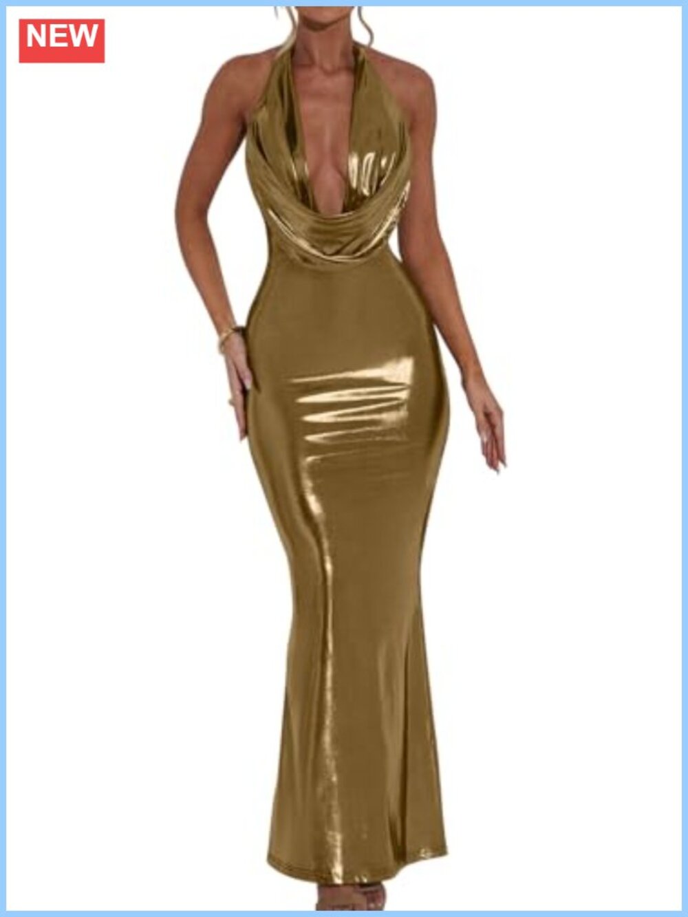 Metallic Halter Neck Bodycon Evening Gown Maxi Dress